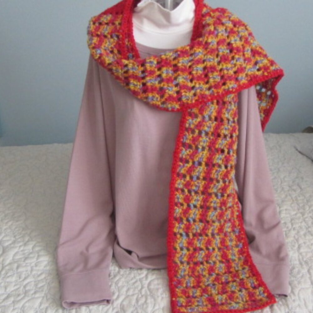 New handmade crochet scarf 8x74 wool/acrylic yarn f red, yellow, purple $25